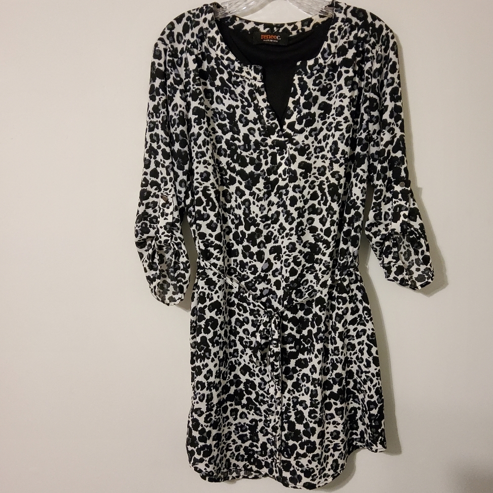 ReneeC Black/White Animal Print Roll Sleeve Shift Dress Notched Neck Size M